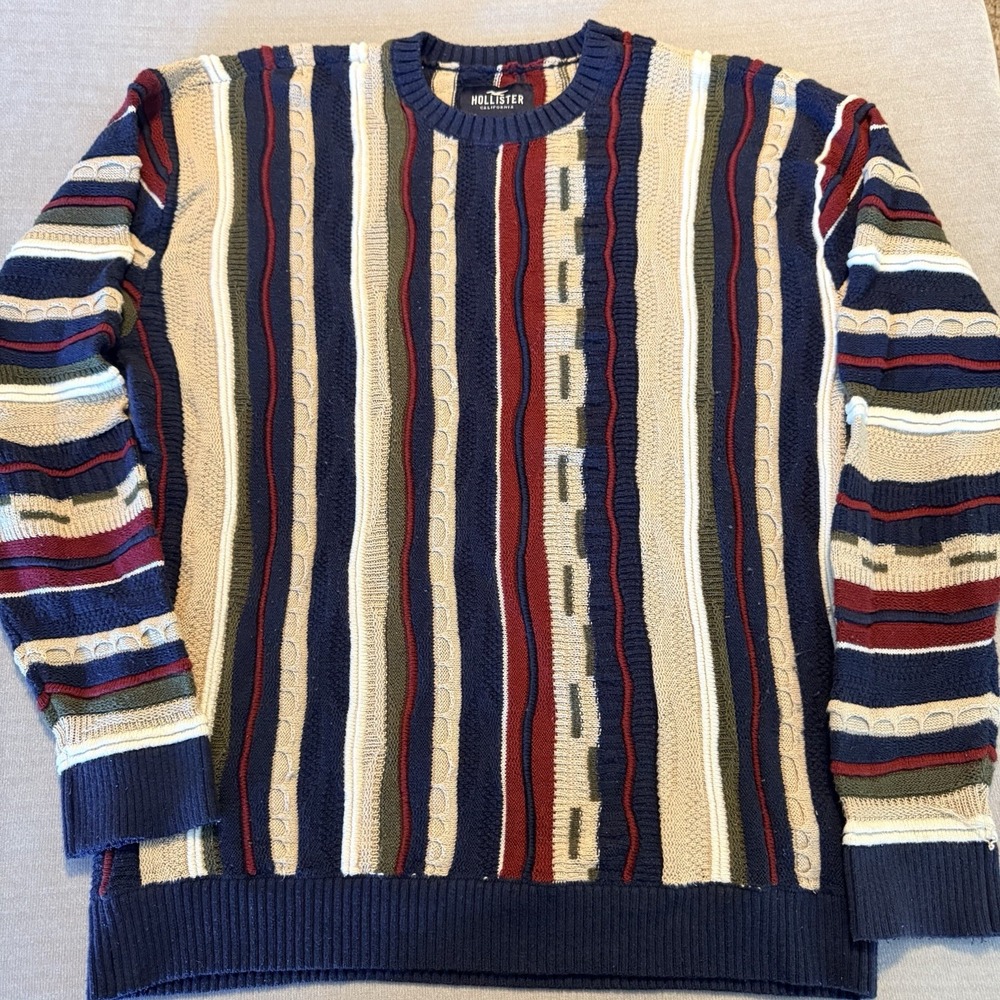 Hollister Mens L Cable Knit Sweater Striped Navy Tan Red Green Crewneck